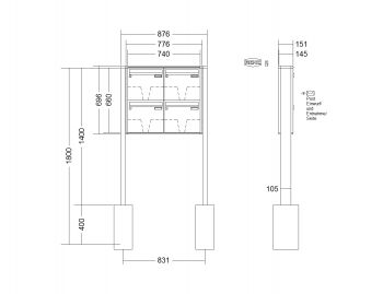 RENZ Briefkastenanlage freistehend, Quadra, Kastenformat 370x330x145mm, 4-teilig, zum Einbetonieren, Renz Nummer 10-0-10312