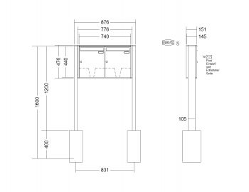 RENZ Briefkastenanlage freistehend, Quadra, Kastenformat 370x440x145mm, 2-teilig, zum Einbetonieren, Renz Nummer 10-0-10316