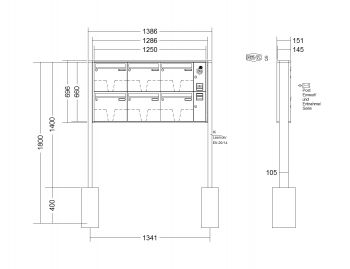 RENZ Briefkastenanlage freistehend, Quadra, Kastenformat 370x330x145mm, mit Klingel - & Lichttaster und Vorbereitung Gegensprechanlage, 6-teilig, zum Einbetonieren, Renz Nummer 10-0-10327