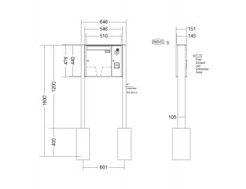 RENZ Briefkastenanlage freistehend, Quadra, Kastenformat 370x440x145mm, mit Klingel - & Lichttaster und Vorbereitung Gegensprechanlage, 1-teilig, zum Einbetonieren, Renz Nummer 10-0-10329