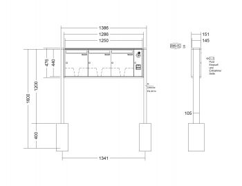 RENZ Briefkastenanlage freistehend, Quadra, Kastenformat 370x440x145mm, mit Klingel - & Lichttaster und Vorbereitung Gegensprechanlage, 3-teilig, zum Einbetonieren, Renz Nummer 10-0-10331