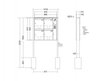 RENZ Briefkastenanlage freistehend, Quadra, Kastenformat 370x440x145mm, mit Klingel - & Lichttaster und Vorbereitung Gegensprechanlage, 4-teilig, zum Einbetonieren, Renz Nummer 10-0-10332