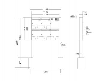 RENZ Briefkastenanlage freistehend, Quadra, Kastenformat 370x440x145mm, mit Klingel - & Lichttaster und Vorbereitung Gegensprechanlage, 5-teilig, zum Einbetonieren, Renz Nummer 10-0-10333