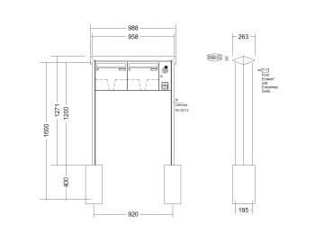 RENZ Briefkastenanlage freistehend, PRISMA, Kastenformat 370x330x145mm, mit Klingel - & Lichttaster und Vorbereitung Gegensprechanlage 2-teilig, zum Einbetonieren, Renz Nummer 10-0-10349