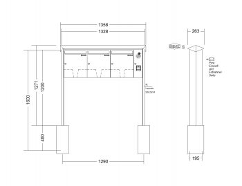 RENZ Briefkastenanlage freistehend, PRISMA, Kastenformat 370x440x145mm, mit Klingel - & Lichttaster und Vorbereitung Gegensprechanlage 3-teilig, zum Einbetonieren, Renz Nummer 10-0-10357