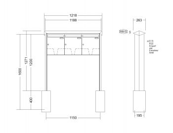 RENZ Briefkastenanlage freistehend, PRISMA, Edelstahl V4A, Kastenformat 370x440x145mm, 3-teilig, zum Einbetonieren, Renz Nummer 10-0-10369