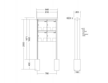 RENZ Briefkastenanlage freistehend, PRISMA, Edelstahl V4A, Kastenformat 370x440x145mm, 4-teilig, zum Einbetonieren, Renz Nummer 10-0-10370