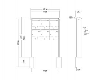 RENZ Briefkastenanlage freistehend, PRISMA, Edelstahl V4A, Kastenformat 370x440x145mm, 6-teilig, zum Einbetonieren, Renz Nummer 10-0-10372