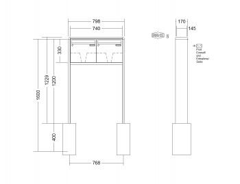 RENZ Briefkastenanlage freistehend, RS2000, Kastenformat 370x330x145mm, 2-teilig, zum Einbetonieren, Renz Nummer 10-0-10388