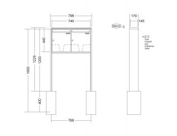 RENZ Briefkastenanlage freistehend, RS2000, Kastenformat 370x440x145mm, 2-teilig, zum Einbetonieren, Renz Nummer 10-0-10394