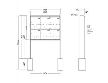 RENZ Briefkastenanlage freistehend, RS2000, Kastenformat 370x440x145mm, 6-teilig, zum Einbetonieren, Renz Nummer 10-0-10398