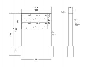 RENZ Briefkastenanlage freistehend, RS2000, Kastenformat 370x330x145mm, mit Klingel - & Lichttaster und Vorbereitung Gegensprechanlage, 6-teilig, zum Einbetonieren, Renz Nummer 10-0-10405