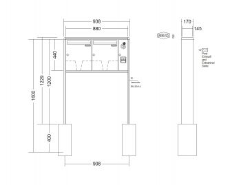 RENZ Briefkastenanlage freistehend, RS2000, Kastenformat 370x440x145mm, mit Klingel - & Lichttaster und Vorbereitung Gegensprechanlage, 2-teilig, zum Einbetonieren, Renz Nummer 10-0-10408