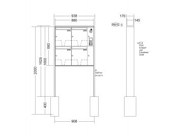 RENZ Briefkastenanlage freistehend, RS2000, Kastenformat 370x440x145mm, mit Klingel - & Lichttaster und Vorbereitung Gegensprechanlage, 4-teilig, zum Einbetonieren, Renz Nummer 10-0-10410