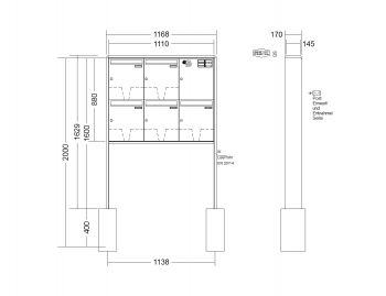 RENZ Briefkastenanlage freistehend, RS2000, Kastenformat 370x440x145mm, mit Klingel - & Lichttaster und Vorbereitung Gegensprechanlage, 5-teilig, zum Einbetonieren, Renz Nummer 10-0-10411