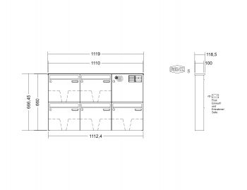 RENZ Briefkastenanlage, Aufputz, Classic Basic B, Edelstahl V4A, Kastenformat 370x330x100mm, mit Klingel - & Lichttaster und Vorbereitung Gegensprechanlage, 5-teilig, Renz Nummer 10-0-25041