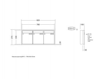 RENZ Briefkastenanlage Unterputz, Eckrahmen, Kastenformat 260x330x100mm, 3-teilig, Renz Nummer 10-0-25051