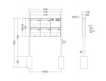 RENZ Briefkastenanlage freistehend, Basic B, Edelstahl V4A, Kastenformat 370x330x100mm, mit Klingel - & Lichttaster und Vorbereitung Gegensprechanlage, 5-teilig, zum Einbetonieren, Renz Nummer 10-0-25074