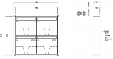 RENZ Briefkastenanlage Aufputz RS2000 Kastenformat 370x330x100mm, 4-teilig, Renz Nummer 10-0-25115