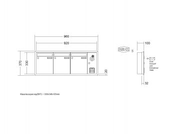 RENZ Briefkastenanlage Unterputz, Eckrahmen, Kastenformat 260x330x100mm, mit Klingel - & Lichttaster und Vorbereitung Gegensprechanlage, 3-teilig, Renz Nummer 10-0-25131