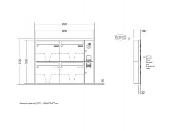 RENZ Briefkastenanlage Unterputz, Eckrahmen, Kastenformat 370x330x100mm, mit Klingel - & Lichttaster und Vorbereitung Gegensprechanlage, 4-teilig, Renz Nummer 10-0-25177