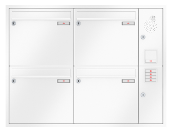 RENZ Briefkastenanlage Unterputz, Eckrahmen, Kastenformat 370x330x100mm, mit Klingel - & Lichttaster und Vorbereitung Gegensprechanlage, 4-teilig, Renz Nummer 10-0-25177