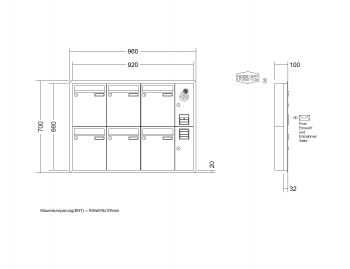 RENZ Briefkastenanlage Unterputz, Eckrahmen, Kastenformat 260x330x100mm, mit Klingel - & Lichttaster und Vorbereitung Gegensprechanlage, 6-teilig, Renz Nummer 10-0-25243