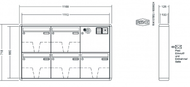 RENZ Briefkastenanlage Aufputz RS2000 Kastenformat 370x330x100mm, mit Klingel - & Lichttaster und Vorbereitung Gegensprechanlage, 5-teilig, Renz Nummer 10-0-25270