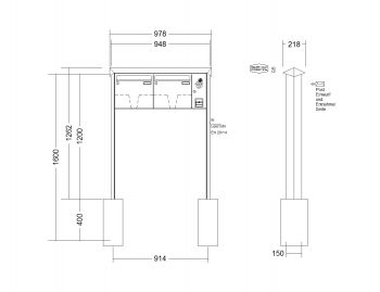 RENZ Briefkastenanlage freistehend, PRISMA, Kastenformat 370x330x100mm, mit Klingel - & Lichttaster und Vorbereitung Gegensprechanlage 2-teilig, zum Einbetonieren, Renz Nummer 10-0-25278