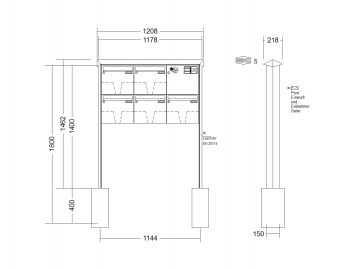 RENZ Briefkastenanlage freistehend, PRISMA, Kastenformat 370x330x100mm, mit Klingel - & Lichttaster und Vorbereitung Gegensprechanlage 5-teilig, zum Einbetonieren, Renz Nummer 10-0-25284