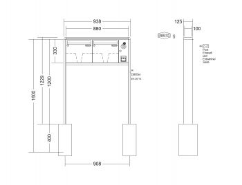 RENZ Briefkastenanlage freistehend, RS2000, Kastenformat 370x330x100mm, mit Klingel - & Lichttaster und Vorbereitung Gegensprechanlage, 2-teilig, zum Einbetonieren, Renz Nummer 10-0-25302