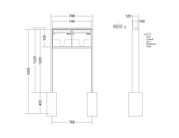 RENZ Briefkastenanlage freistehend, RS2000, Kastenformat 370x330x100mm, 2-teilig, zum Einbetonieren, Renz Nummer 10-0-25321