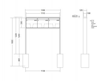 RENZ Briefkastenanlage freistehend, RS2000, Kastenformat 370x330x100mm, 3-teilig, zum Einbetonieren, Renz Nummer 10-0-25331