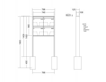 RENZ Briefkastenanlage freistehend, RS2000, Kastenformat 370x330x100mm, 4-teilig, zum Einbetonieren, Renz Nummer 10-0-25351