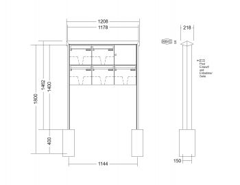 RENZ Briefkastenanlage freistehend, PRISMA, Edelstahl V4A, Kastenformat 370x330x100mm, 5-teilig, zum Einbetonieren, Renz Nummer 10-0-25484