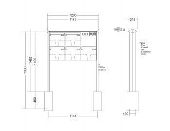 RENZ Briefkastenanlage freistehend, PRISMA, Edelstahl V4A, Kastenformat 370x330x100mm, mit Klingel - & Lichttaster und Vorbereitung Gegensprechanlage 5-teilig, zum Einbetonieren, Renz Nummer 10-0-25605