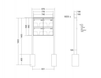 RENZ Briefkastenanlage freistehend, Quadra, Kastenformat 370x330x100mm, 4-teilig, zum Einbetonieren, Renz Nummer 10-0-25663