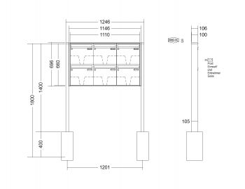 RENZ Briefkastenanlage freistehend, Quadra, Kastenformat 370x330x100mm, 6-teilig, zum Einbetonieren, Renz Nummer 10-0-25665