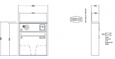 RENZ Briefkastenanlage Aufputz Quadra Kastenformat 370x330x100mm, mit Klingel - & Lichttaster und Vorbereitung Gegensprechanlage, 1-teilig, Renz Nummer 10-0-25824