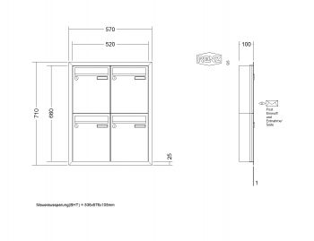 RENZ Briefkastenanlage Unterputz, Eckrahmen, Edelstahl V4A, Kastenformat 260x330x100mm, 4-teilig, Renz Nummer 10-0-25893