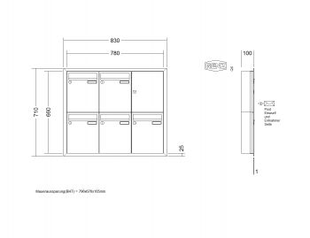 RENZ Briefkastenanlage Unterputz, Eckrahmen, Edelstahl V4A Kastenformat 260x330x100mm, 5-teilig, Renz Nummer 10-0-25894