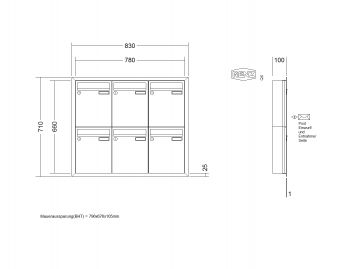 RENZ Briefkastenanlage Unterputz, Eckrahmen, Edelstahl V4A, Kastenformat 260x330x100mm, 6-teilig, Renz Nummer 10-0-25895