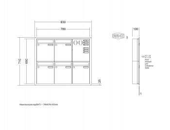 RENZ Briefkastenanlage Unterputz, Eckrahmen, Edelstahl V4A, Kastenformat 260x330x100mm, mit Klingel - & Lichttaster und Vorbereitung Gegensprechanlage, 5-teilig, Renz Nummer 10-0-25901