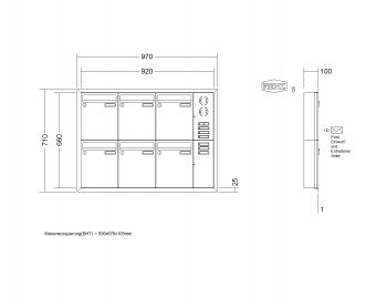 RENZ Briefkastenanlage Unterputz, Eckrahmen, Edelstahl V4A, Kastenformat 260x330x100mm, mit Klingel - & Lichttaster und Vorbereitung Gegensprechanlage, 6-teilig, Renz Nummer 10-0-25902