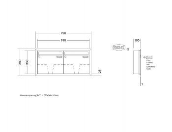 RENZ Briefkastenanlage Unterputz, Eckrahmen, Edelstahl V4A, Kastenformat 370x330x100mm, 2-teilig, Renz Nummer 10-0-25904