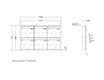 RENZ Briefkastenanlage Unterputz, Eckrahmen, Edelstahl V4A, Kastenformat 370x330x100mm, 6-teilig, Renz Nummer 10-0-25908