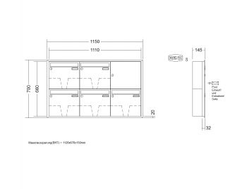 RENZ Briefkastenanlage Unterputz, Eckrahmen, Kastenformat 370x330x145mm, 5-teilig, Renz Nummer 10-0-35104