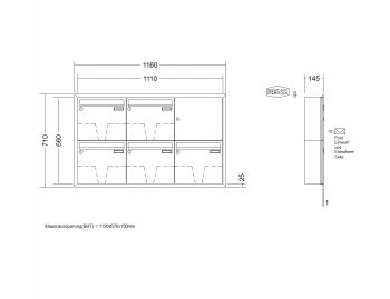 RENZ Briefkastenanlage Unterputz, Eckrahmen, Edelstahl V4A, Kastenformat 370x330x145mm, 5-teilig, Renz Nummer 10-0-35110