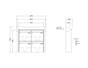 RENZ Briefkastenanlage Aufputz Prisma Edelstahl V4A Kastenformat 370x330x145mm, 4-teilig, Renz Nummer 10-0-35953