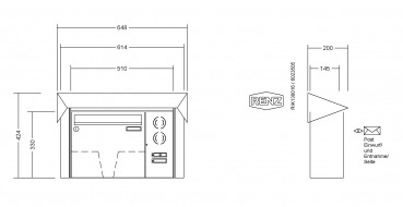 RENZ Briefkastenanlage Aufputz Prisma Edelstahl V4A Kastenformat 370x330x145mm, mit Klingel - & Lichttaster und Vorbereitung Gegensprechanlage, 1-teilig, Renz Nummer 10-0-35964